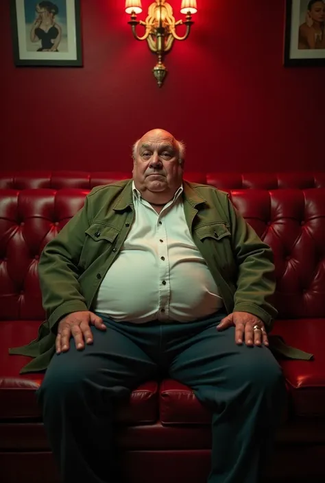 On a red couch in a nightclub there's a fat old patena sitting.  The man is fat and bald and old and wears a white shirt and a green jacket. the.Woman is fat and old and dresses like a prostitute. Front view