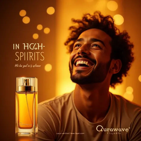 This advertisement for aurawave  Perfume  visually rich, featuring a warm and inviting ambiance that reflects the essence of the fragrance.


---

Visual Composition:

1. Background & Color Scheme:

The entire image is enveloped in a warm amber-champane gl...