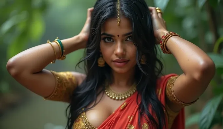 Beautiful cute wet  with thick thighs and a curvy waist, Showing deep cleavage,Perfect hands, Perfect fingers,both hands Stretched upward behind the head showing dark hairy armpits,wearing a  beautiful saree, ((lowwaist)), ((wet silky hair)), ((wet hair)),...