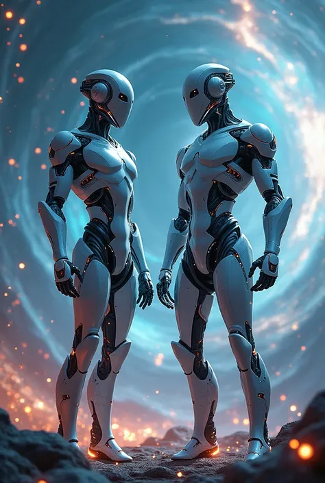  Create an image: With two more robots holding energy Cosmic Background.