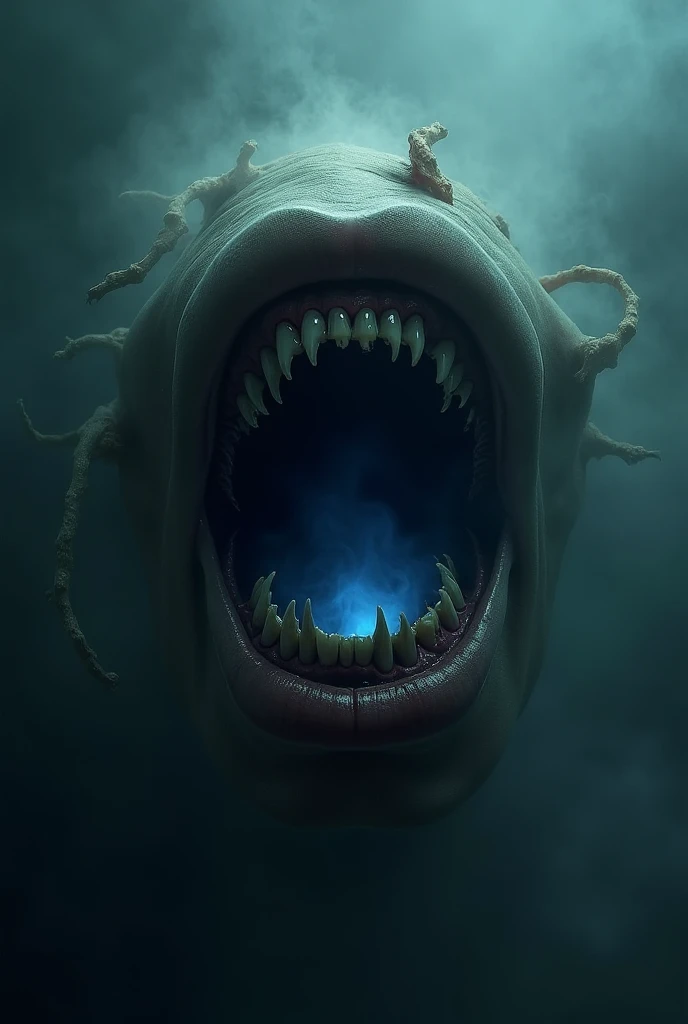 "A floating, grotesque mouth with elongated, torn lips stretching unnaturally. Inside, layers of jagged, sharp, irregular teeth are visible, resembling a nightmarish abyss. The mouth is suspended in a dark mist, glowing faintly with eerie blue lights from ...