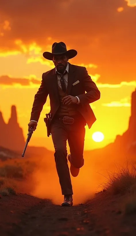 Black-skinned bass Reeves running in the Old West with a gun in his hand defending someone,  in a sunset