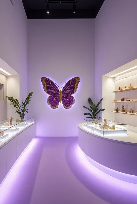 An elegant modern and minimalist pop-up store ,  specialized for Instagram stories and so the people who attend do organic mkt,  that the pop up store is modern and in a small and bright space, with walls in shades of white and purple.  On one of the main ...