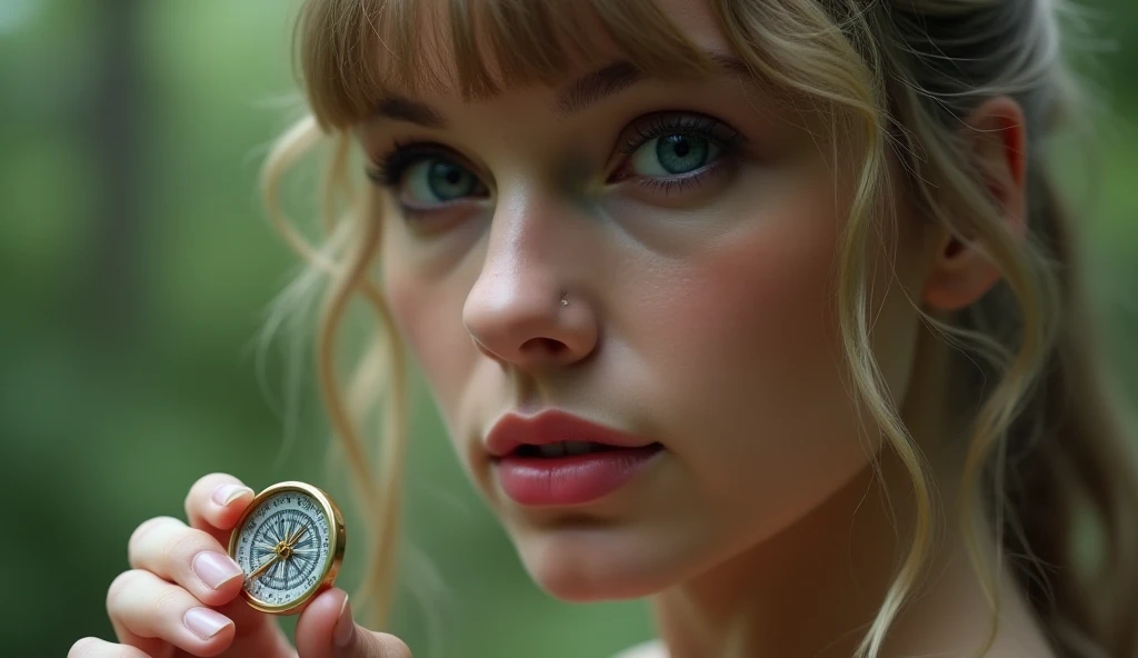 Close-up of Taylor Swift's reflective expression, her blue eyes capturing the path ahead. Her delicate hands hold a compass, guiding her way through the forest. Her fair, légèrement bronzée skin glows softly in the diffused light. Taylor Swift has a heart-...