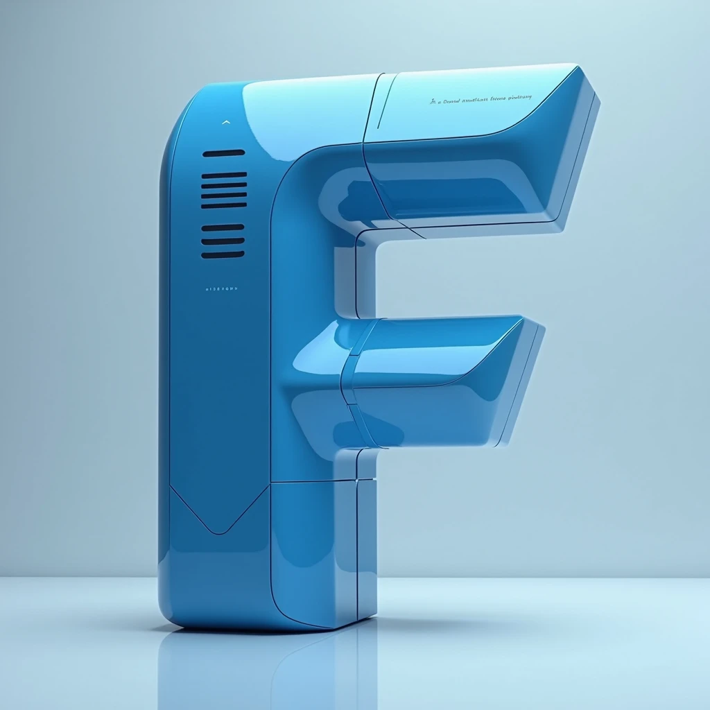 imagine Alphabet "F" Convert to a vacuum cleaner shape front angle with blue colour