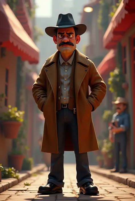 3D render animation, Pixar, , angry , Unreal engine, 40 year old man angry looking  standing still in a brown coat , black hat and black shoes thin mustache hands out of pocket