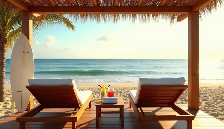 “Ultra-realistic, high-resolution photograph of a luxurious beachside cabana with a wooden pergola. The cabana features two premium wooden lounge chairs with plush white cushions, facing a vast, calm ocean with gentle waves. A small wooden table between th...