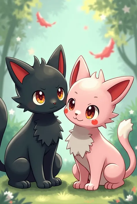 Hi , You can please make an image ,  with the Pokémon drawing style of two Pokemons inspired by two cats, one black and the other calico .  In which the black Pokémon is inspired by an owl and music , , while the pink Pokémon is inspired by whipped cream c...