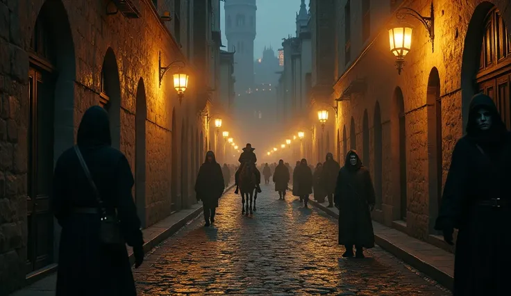 crie uma imagem para cada linha deste texto: A sprawling medieval city at night, illuminated by golden lanterns, but beneath the surface, dark alleys filled with danger. Shadows stretch across cobblestone streets where masked figures lurk, watching unsuspe...