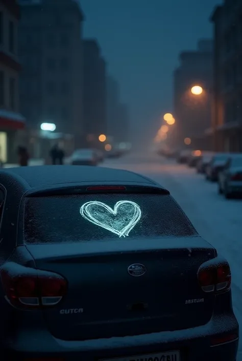 a heart was drawn on the back window of a gentra car in Tashkent in the dark when it was snowing