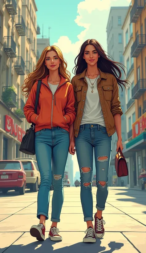 DISCREET image. with discreet casual clothes. image adult woman, american, comic book style. smile . IMAGES WITH VIBRANT COLORS. with a friend. long hair. background city eith light colors