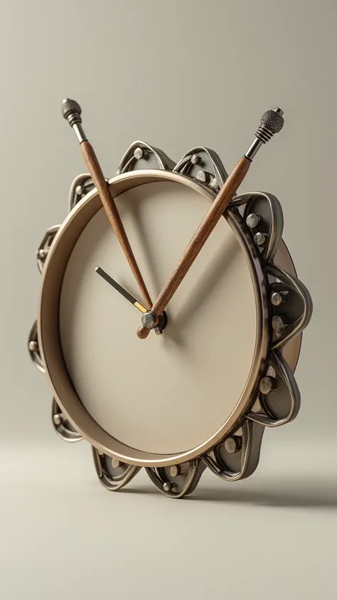 Create an image of a watch in the shape of a tambourine. The hands of the clock are two drum sticks.



