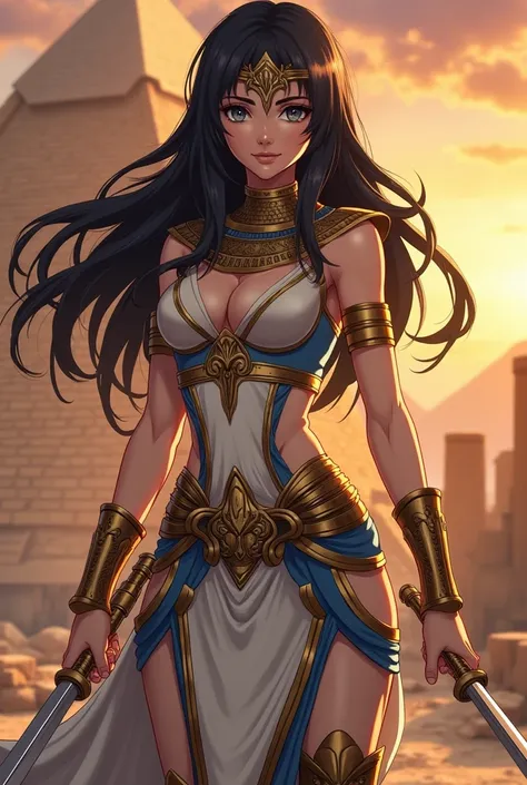 A stunningly beautiful Egyptian princess in Attack on Titan anime style, standing in a majestic yet battle-ready pose. She has striking, mesmerizing eyes and flowing dark hair adorned with a golden headpiece featuring a cobra symbol. Her elegant yet fierce...