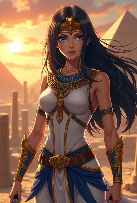 A stunningly beautiful Egyptian princess in Attack on Titan anime style, standing in a majestic yet battle-ready pose. She has striking, mesmerizing eyes and flowing dark hair adorned with a golden headpiece featuring a cobra symbol. Her elegant yet fierce...