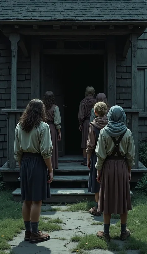 A group of ren stands hesitantly in front of the Ashwood house. Some are laughing nervously, while others look uncertain. One of them has already stepped over the rotting threshold. The wooden door is slightly ajar, revealing darkness inside. Shadows stret...