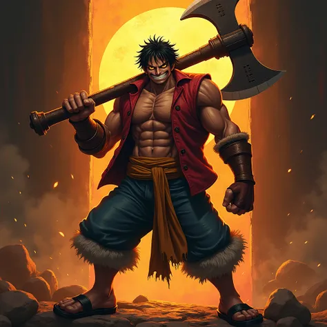 in a Mortal Kombat character selection screen frame, Select Luffy from One Pice as a character from the game and with the skin of a giant gladiator carrying a giant axe and a big macabre smile on his face.