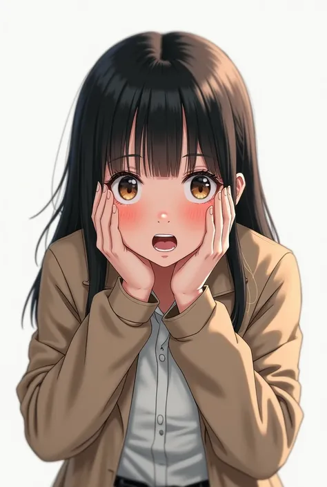 A highly expressive girl with straight black hair and wide eyes, wearing a casual button-up white shirt and a beige jacket, holding his face in shock or surprise. The background is white.