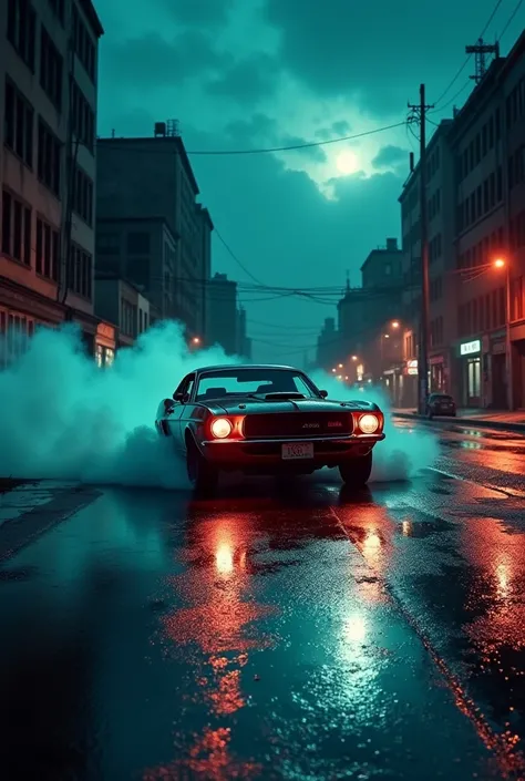 Phonk :  dark night scene in an abandoned city ,  with wet streets and worn industrial buildings in the background .  A vintage muscle car skids at high speed ,  leaving smoking tires and a smoke trail on the asphalt .  The lighting is dramatic ,  with lig...