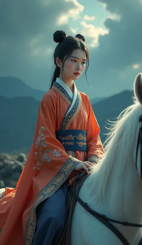  korean girl,  ties two hair, Wear a Hanbok dress, White Horseback Riding,  Dark Atmosphere