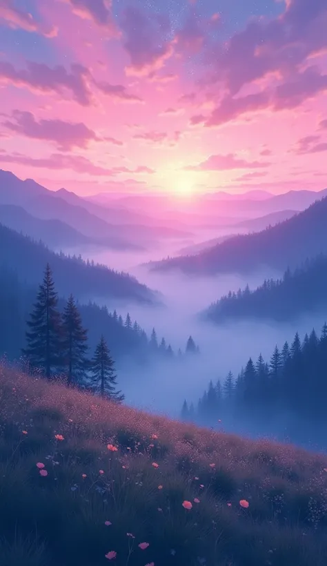 Viral anime nature wallpaper in 4K quality, in the style of photography with a 35mm lens inspired by Mamoru Hosoda, capturing a tranquil mountain meadow at dawn, the sky a gradient of pink and purple, and a gentle mist rising from the ground; cool and sere...