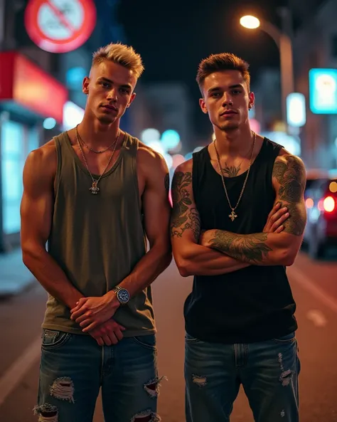 Two young men wearing cool hip hop clothes shoulder-free ,Both muscular and handsome, einer mit Base Cup der andere Under Cut Friesur,One blonde the other brunette,look cool,Traummänner, perfecte Gesichtszüge,Are on the street one squats the other crosses ...