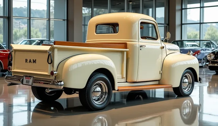 "A highly detailed, realistic image of a beautifully restored 1949 Dodge Ram vintage pickup truck, captured from a full side view. The truck is painted in an elegant cream color with a glossy finish, reflecting the soft indoor lighting of a luxurious showr...