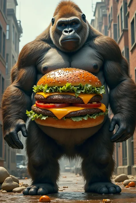 A hyper-mega-muscular person fused with a hyper-mega-fat person, a hamburger and merged with all the fat people in the world and a fat gorilla who are very large. . Merge everything into one person.  And that they are very big as big as the whole world