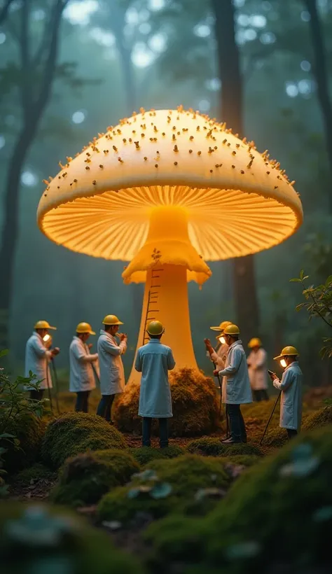 Miniature Scientists Investigating a Glowing Giant Mushroom
"A magical, cinematic image of tiny scientists in white lab coats and yellow helmets studying an enormous glowing mushroom in a misty forest. The mushroom's cap has a soft golden glow, illuminatin...