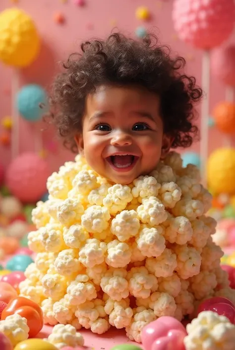 A baby with brown skin and frizzy hair, Very happy and cheerful, wearing a popcorn costume, in a very colorful setting with lots of colorful candies