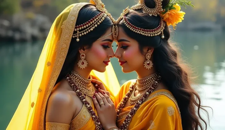 "Create an awe-inspiring and divine image of Radha Ji and Krishna Ji, the epitome of eternal love and devotion, by the serene riverside. Depict Radha Ji with an ethereal and radiant presence, characterized by delicate features, expressive almond-shaped eye...