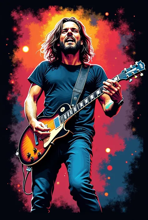 "Vibrant and retro design for a black t-shirt, inspired by the famous image of Eddie Vedder from Pearl Jam hanging from the stage during a performance. The artwork features brushstroke-style borders, creating a dynamic and bold effect. Vibrant colors contr...