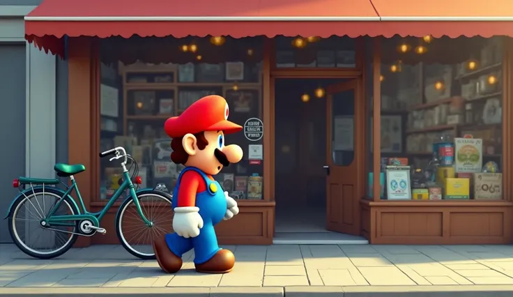 Supermario walks stops in the front of a bicycle shop in the city 