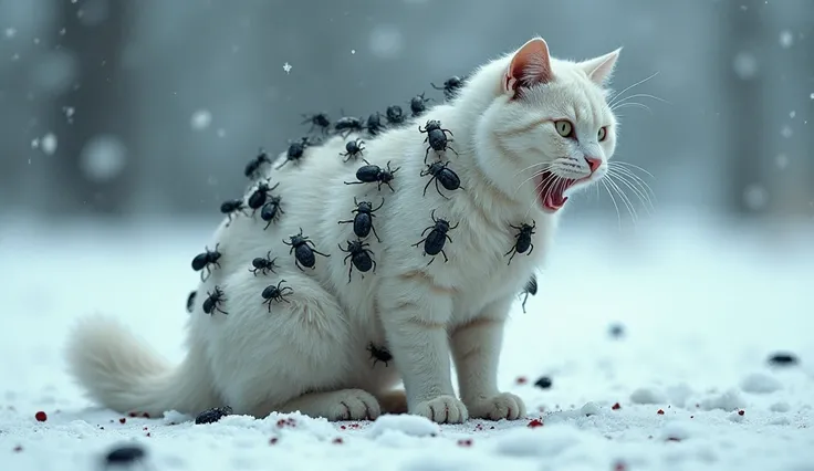 "Hyper-realistic image of a white cat standing in a snowy landscape, almost entirely covered by a swarm of large, dark beetles crawling over its body. The cat is frantically trying to shake them off, lifting its paws and twisting its body in distress. Its ...