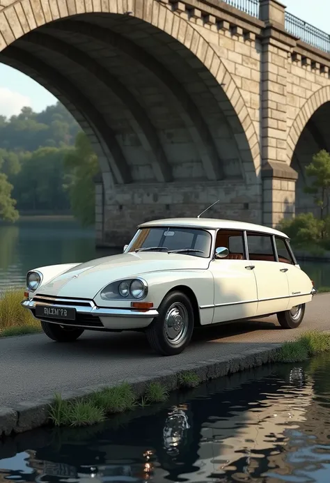 Realistic image of a white Citroën ds sw 1970, walking on a bridge