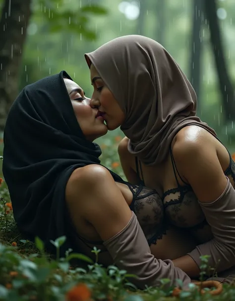 close up {{kissing beautiful hijab asian lesbian girl laying down, bra and panties, in the woods ,{{kiss, lesbian sex , it's raining,Big Breasts,