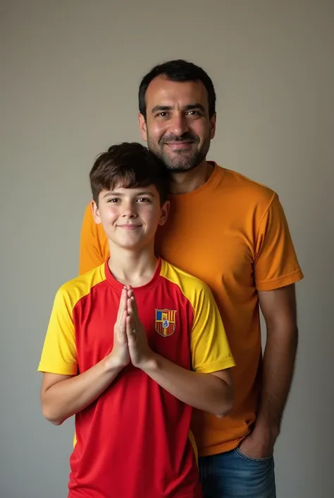  a  boy wearing the shirt of the Romanian national soccer team, Holding the hand of his Spanish father , And that both of them be seen in their full bodies looking at the camera. 