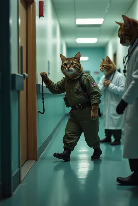 " , a humanoid cat in a soldier outfit tries to enter the door.  Cats dressed in doctor's clothes panicked to stop him ,  tries to intervene in a hospital corridor . The environment is tense and chaotic ,  There is a sense of emergency ."

