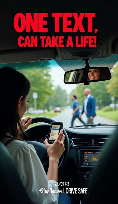 *"A young woman with dark hair, wearing a white blouse, is driving a car while texting on an old flip phone. Her eyes are focused on the phone screen instead of the road. Her facial expression shows distraction and carelessness. The steering wheel is sligh...