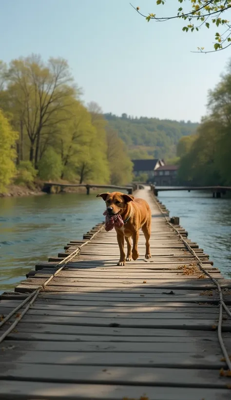 Dog Walking on a Wooden Bridge
A brown dog carrying a piece of meat in its mouth walks across an old wooden bridge over a calm river. The sky is clear, and trees line the riverbank, creating a peaceful village setting.

