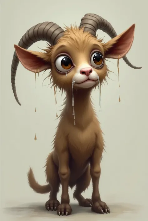 Health skinny brown goat is sad and tears coming from her eyes 