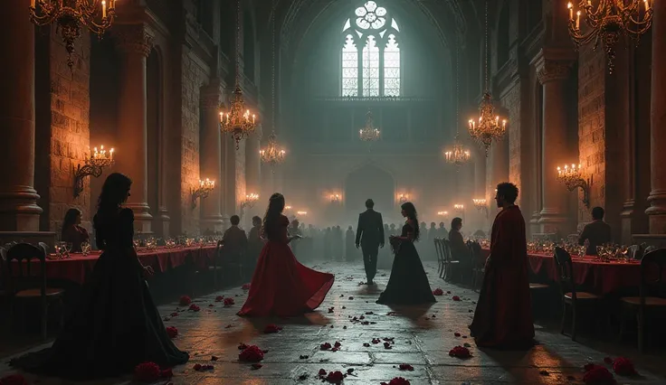 A gloomy Valentine's Day decorated medieval fantasy ballroom with dancing people!