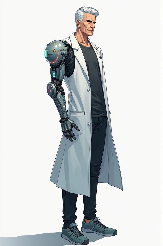 Adult male scientist with cybernetic implants with short white hair wearing a lab coat with black pants and one cybernetic leg anime-style full body and profile