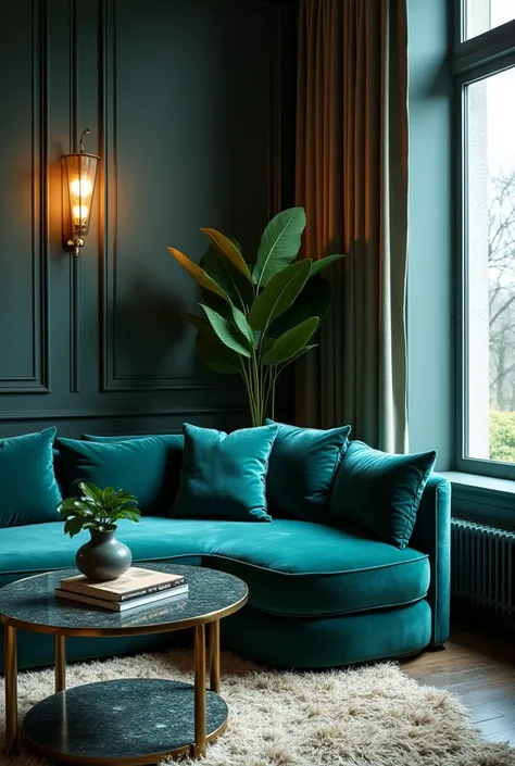 create an image of a luxurious room. Let me start by visualizing the key elements that make a room look opulent. High-end furniture is a must—maybe a plush velvet sofa in a rich color like emerald or royal blue.