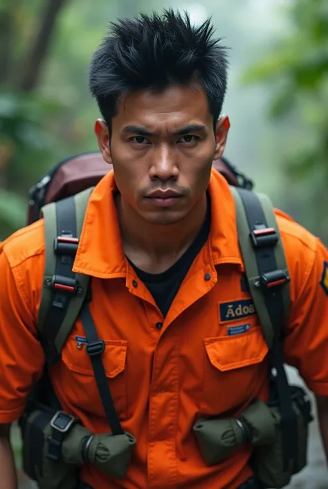 An Indonesian search and rescue member, handsome, black straight Pixie hair, wearing orange uniform.