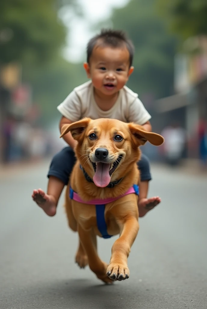  1  baby ,  1 alone riding the dog running in the street,  blurred surroundings , rushing for fun ,  Humor ,  vietnam ,  naked baby eyes , big naked eyes , mouth wide open,  surprised dog , tongue out  