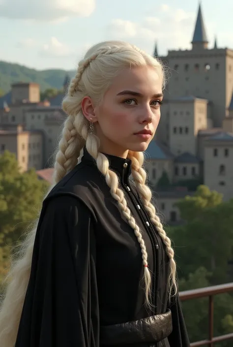 15yo Visenya Targaryen, pale blonde valyrian-style braids, black Leyndellian style noble dress,in the background the city of Leyndell 