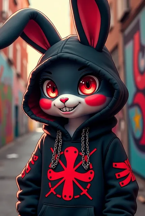 This image features a stylish, anime-inspired black and red rabbit character with a bold and edgy design. The character has large, glossy eyes with red and white reflections, giving it an expressive and lively appearance. Its face is adorned with bright re...