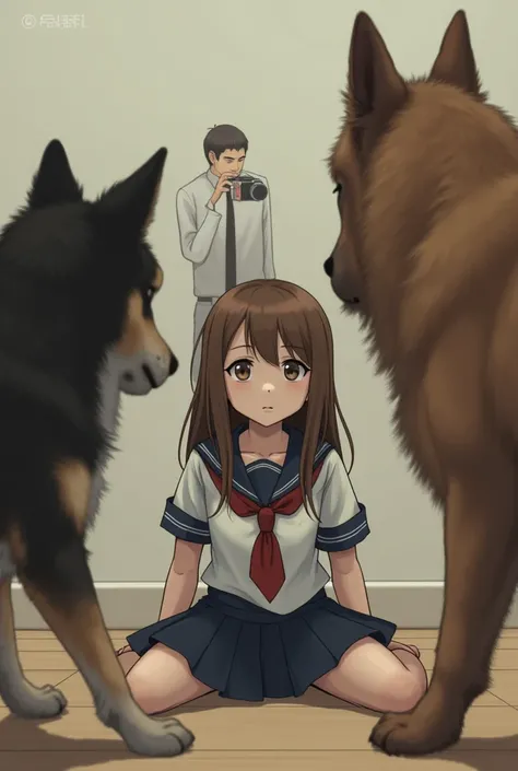 A girl with brown hair and a schoolgirl's costume lying on the floor ,  two big dogs surround them and in the background you can see a man with a camera