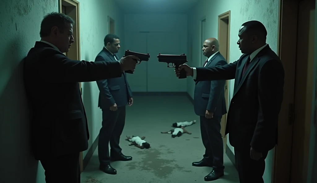 Four were men, 2 were white and 2 were black. Rear facing runs in a hallway of a criminal gangster headquarters. There were several bodies lying around. These four guys were holding handguns and one shotgun (white guy)  Realistis, HD, 4K