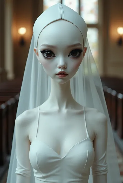 Pretty Girl Alien , Beautiful, slender face,  big black eyes  , Chinese style makeup,   large breasts ,   pure white skin  ,   white headdress   , White Priest Dress  ,   Transparent Tight Dress ,Alluring,   tall , Long neck   ,  Church Interior Background...